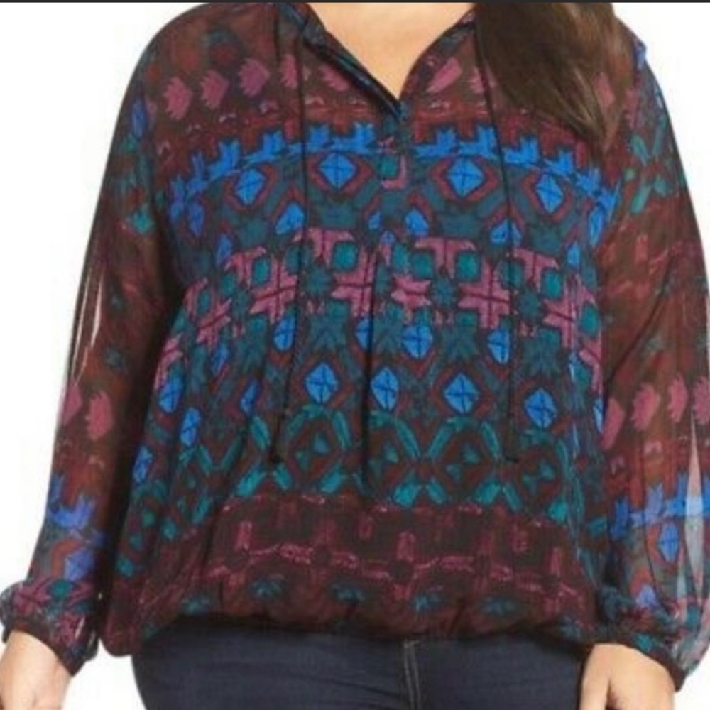 Lucky Brand Sheer Aztec Blouse 2X